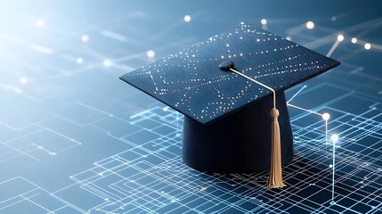 Fototapete - Minimalist open graduation cap constructed from light lines and digital points hovering above a futuristic network grid