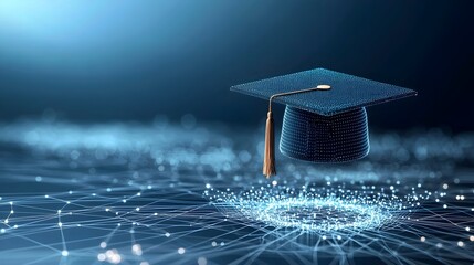 Fototapete - Glowing digital lines and dots forming an open graduation cap hovering above a futuristic network grid