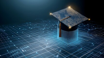 Fototapete - Digital art featuring an open graduation cap of radiant dots and lines above a networked grid symbolizing educational empowerment on a dark blue background