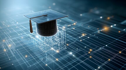 Poster - Minimalist and abstract digital of an illuminated graduation cap floating over a geometric grid pattern on a dark blue background symbolizing the journey of education achievement