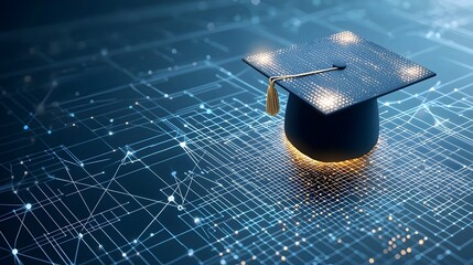 Aufkleber - Digital art featuring an open graduation cap of radiant dots and lines above a networked grid symbolizing the power of education and innovation on a dark blue background