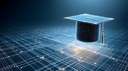 Fototapete - Illuminated lines and nodes forming a graduation cap gently floating over a dark blue digital grid symbolizing the journey of education and the path to academic achievement and success