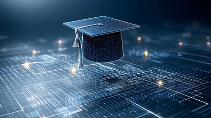 Fototapete - Illuminated lines and nodes forming a graduation cap gently floating above a dark blue digital grid symbolizing the journey of education and academic achievement