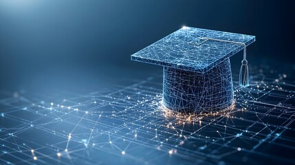 Aufkleber - Glowing abstract graduation cap constructed from digital points and lines over a network grid emphasizing the future through learning on a dark blue background