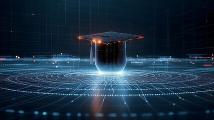Poster - Futuristic digital art of a graduation cap made from illuminated dots and lines hovering above a network grid symbolizing knowledge empowerment and technological innovation on a dark blue background
