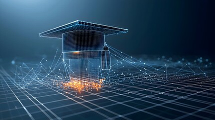 Fototapete - Digital artwork featuring a glowing graduation cap composed of dots and lines floating above a connected grid backdrop