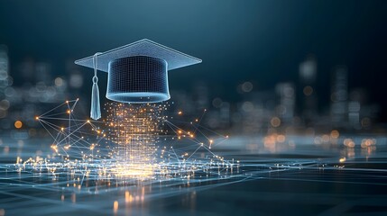 Leinwandbilder - Digital art depicting a glowing graduation cap made of dots and lines floating above a connected grid on a dark blue background symbolizing the future of education knowledge