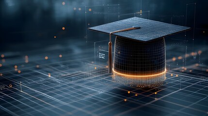 Poster - Glowing digital abstract art of a graduation cap with radiant lines and dots floating above a grid showcasing educational empowerment on a dark blue background