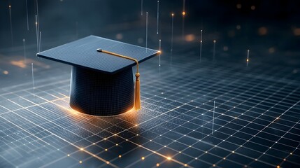 Leinwandbilder - Captivating digital abstract artwork showcasing a glowing graduation cap with radiant lines and floating dots above a grid