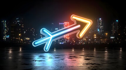 Fototapete - Elegant and dynamic beam of light in the shape of an arrow pointing to the right and filled with a vibrant gradient of bright colors set against a dark minimalist background