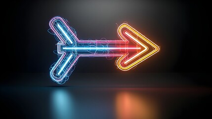 Leinwandbilder - A sleek luminous arrow made of multicolored light beams dynamically pointing right and capturing a sense of speed and motion on a bold black background  This vibrant
