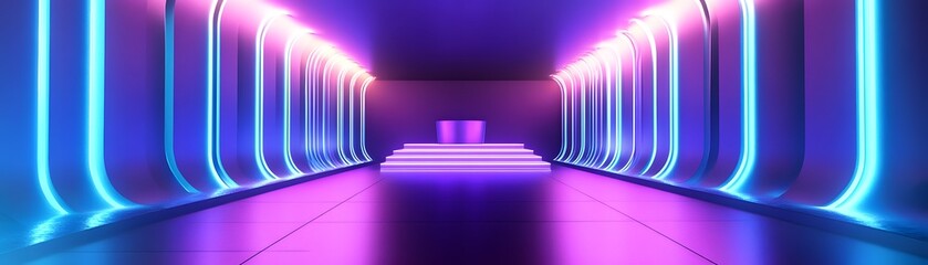 Poster - Futuristic Hallway with Neon Lights and a Platform