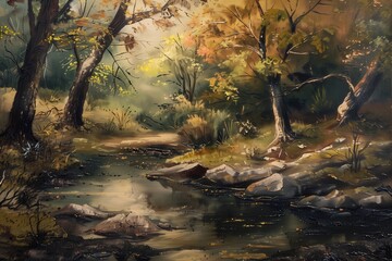 Vintage digital oil painting landscape for wall decor, art print, fine art, wallpaper, beautiful background design. Generative AI.