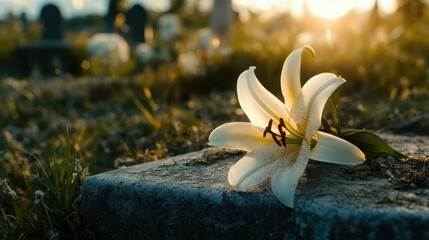 Wall Mural - Peaceful Lily on a Grave at Sunset