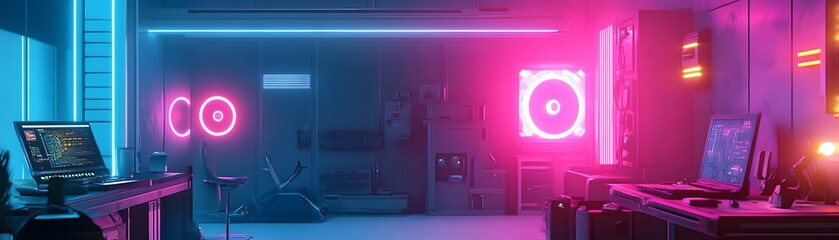 Poster - Futuristic Room with Neon Lights and Computers