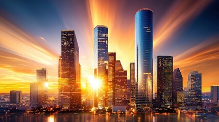 Poster - A captivating city skyline illuminated by sunset, showcasing the beauty of glass skyscrapers reflecting golden hues, creating a perfect urban escape.