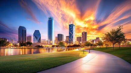 Poster - A captivating city skyline illuminated by sunset, showcasing the beauty of glass skyscrapers reflecting golden hues, creating a perfect urban escape.