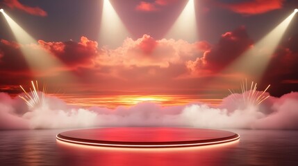 Poster - A captivating empty red scene with dynamic stage spotlights and a blend of warm colored light and smoke effects, designed for 3D renderings suitable for concerts, performances, or event showcases.