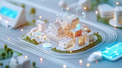 Poster - A captivating low-poly 3D wire mesh scene of a smart city with interconnected buildings, displaying binary code data flow to emphasize the integration of technology in urban planning.