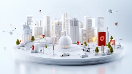 Poster - A captivating low-poly 3D wire mesh scene of a smart city with interconnected buildings, displaying binary code data flow to emphasize the integration of technology in urban planning.