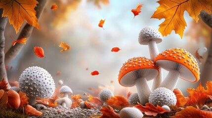 Poster - A charming forest view featuring white and orange cap mushrooms clustered among fallen leaves, emphasizing the rich textures and colors of nature.