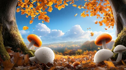 Poster - A charming forest view featuring white and orange cap mushrooms clustered among fallen leaves, emphasizing the rich textures and colors of nature.