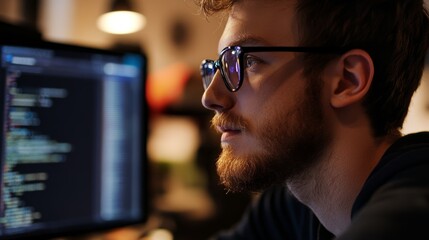 Young Male Programmer Focused on Laptop in Modern Office Space
