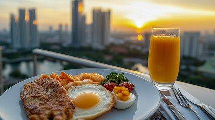 Wall Mural - Healthy Dukan Diet Breakfast on Balcony with City Skyline at Sunrise for a Serene Morning