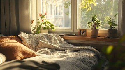 Poster - Cozy Bedroom with Natural Light and Green Plants