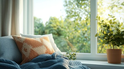 Poster - Cozy Window View with Plants and Textiles