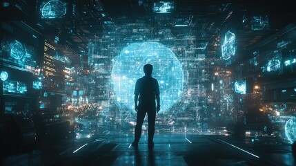 Poster - Futuristic Digital Landscape with Human Silhouette