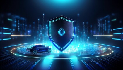 Poster - A digital illustration featuring a sleek car and a glowing shield, symbolizing security and technology in a futuristic environment.