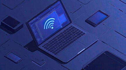 Poster - Modern Laptop with WiFi Symbol on Dark Background