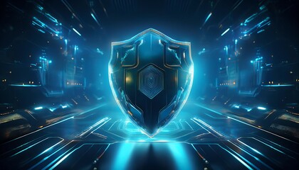 Poster - A futuristic shield glows vibrantly in a digital landscape, symbolizing protection and technology amidst a backdrop of glowing data streams.