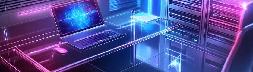 Poster - A laptop and mouse on a glass desk with neon lighting.
