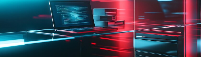Poster - Laptop with code on screen and servers in a modern server room with blue and red lighting