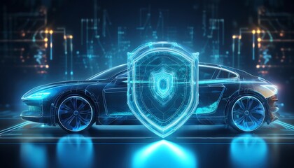 Poster - A futuristic car surrounded by a glowing shield, representing advanced technology and vehicle security in a digital environment.