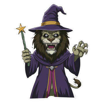 A Halloween witch with a broom in a cartoon style wearing a hat and costume with a pirate theme, surrounded by pumpkins, skulls, and magical elements