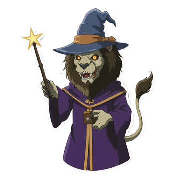 A Halloween witch with a broom in a cartoon style wearing a hat and costume with a pirate theme, surrounded by pumpkins, skulls, and magical elements
