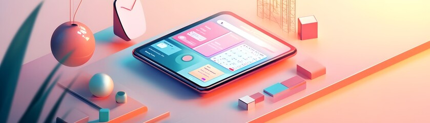 Poster - A Smartphone with Various Apps Displayed on a Pink and Yellow Gradient Background