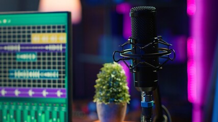 Poster - Empty home studio used to create music with electronic console and devices, pre amp knobs and soundboard with control panel. Space equipped with amplifier and tools, mixing and mastering.
