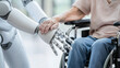 © pattozher - Compassionate Care: A robotic hand gently holds the hand of an elderly woman in a wheelchair, symbolizing technological advancements in healthcare and the human connection at its core.