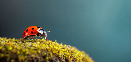 Wall Mural - Ladybug on moss with a blurred background, showcasing nature's tiny wonders.