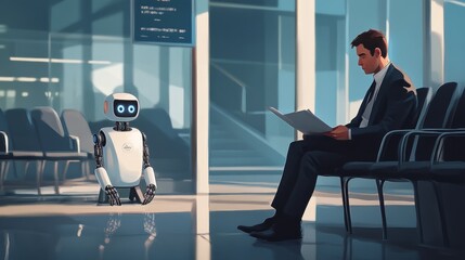 Poster - A well-groomed man fidgets with his paperwork, while a sophisticated AI robot calmly observes him in a stylish waiting area before their job interview.
