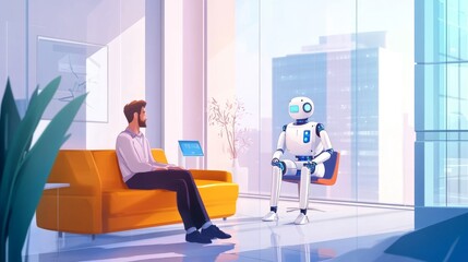 Poster - In a bright, airy office space, a man glances at an AI robot as they both sit on a couch, waiting for their respective job interviews to begin.