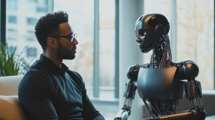 Poster - In a bright, airy office space, a man glances at an AI robot as they both sit on a couch, waiting for their respective job interviews to begin.