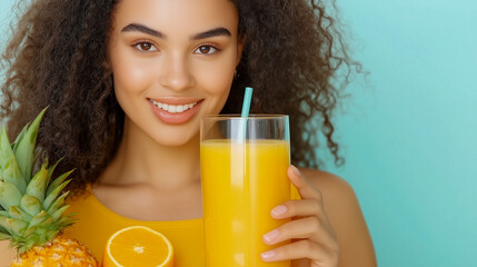 Wall Mural - Portrait of a young and cheerful woman drinking juice, sitting with healthy raw food on the kitchen at home. Vegetarianism, wellbeing and healthy lifestyle concept