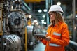 © Vooglo - A woman wearing a bright orange industrial jacket and a white hard hat holds a tablet