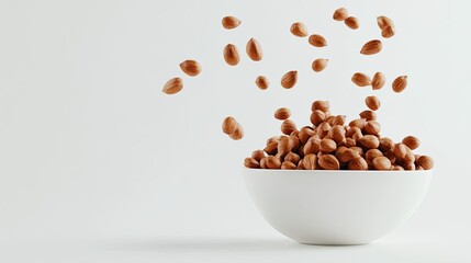Poster - Nuts Flying Above a White Bowl on Plain Background