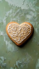 Cozy heart-shaped cookie with vintage icing, vibrant olive green background, isolated with plenty of room for text